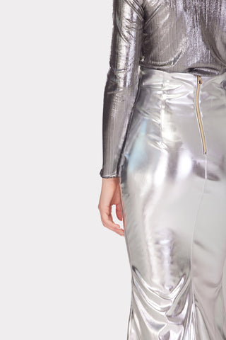 Mermaid Faux Leather Midi Skirt With Slit Silver