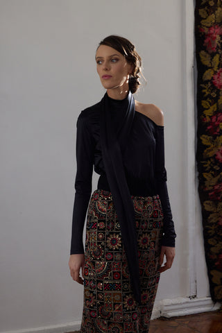 Mid-Calf Embroidered Skirt With Shimmering Threads