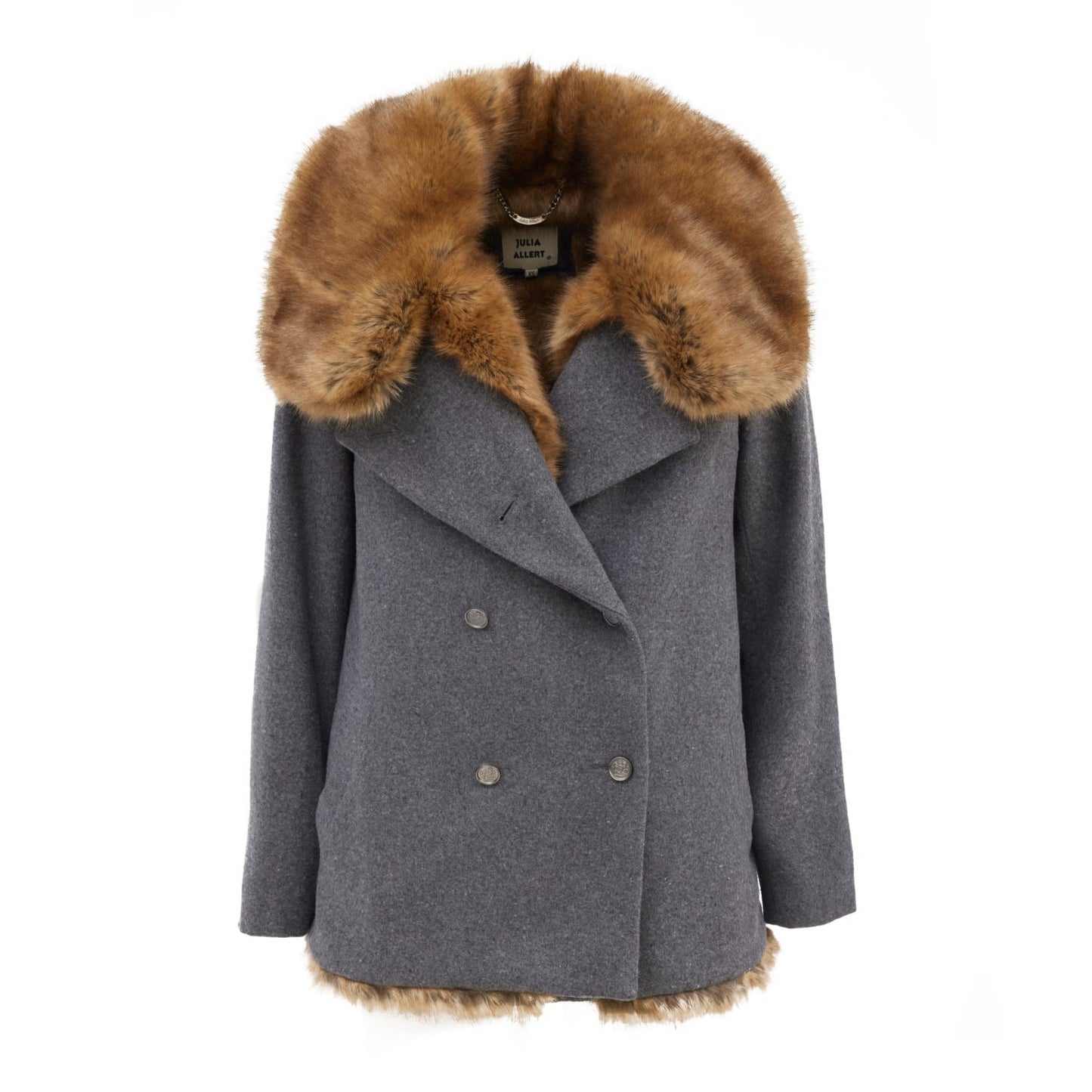 Mid-Thigh Length Double-Breasted Coat With Fur Collar Grey