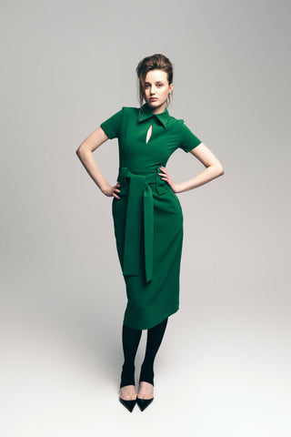 Midi Dress With Belt- Green