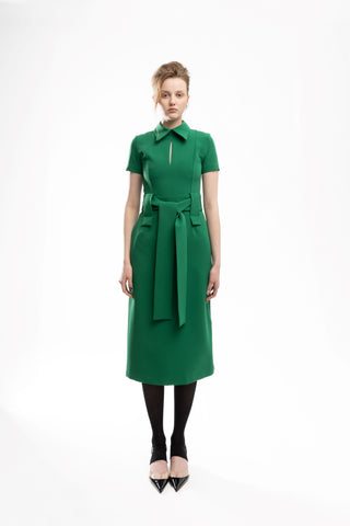 Midi Dress With Belt- Green