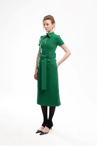 Midi Dress With Belt- Green
