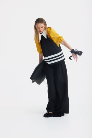 Designer Black Blouse Puff Sleeves Mustard