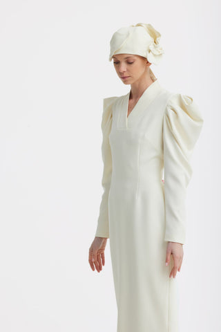 Crepe Midi Dress With Statement Sleeves – Ivory