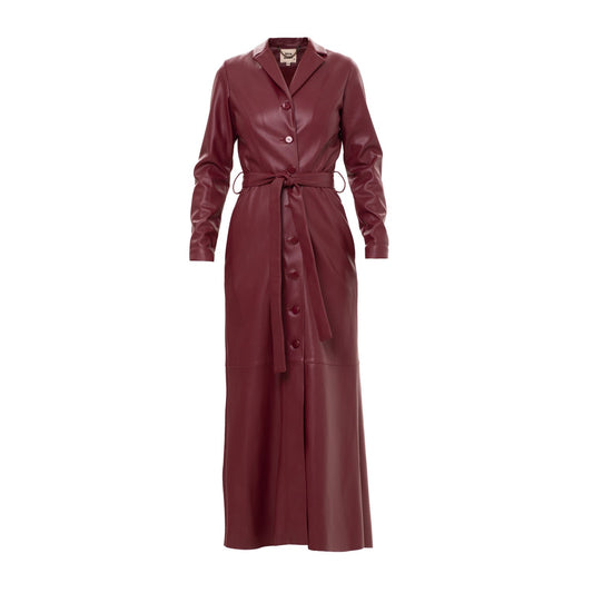 Burgundy Long Button-Up Eco-Leather Trench