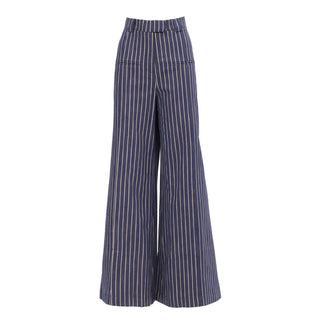 Navy High-Waist Wide-Leg Denim Pants Striped