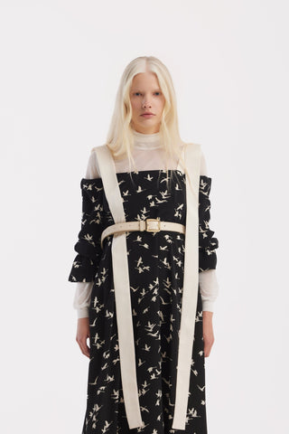 Off-Shoulder Midi Dress With Contrast Straps – Black Print Birds - Julia Allert