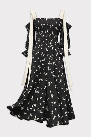 Off-Shoulder Midi Dress With Contrast Straps – Black Print Birds - Julia Allert