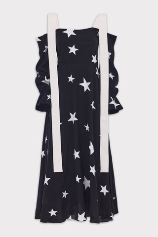Off-Shoulder Midi Dress With Contrast Straps – Black Print Stars - Julia Allert