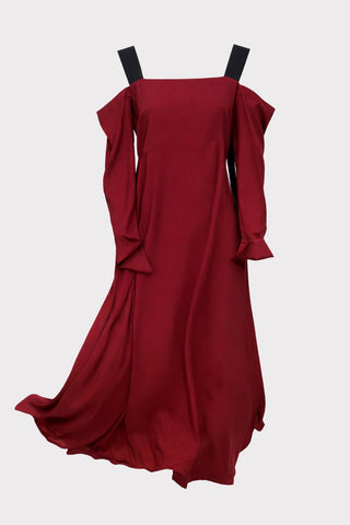 Off-Shoulder Midi Dress With Contrast Straps - Burgundy