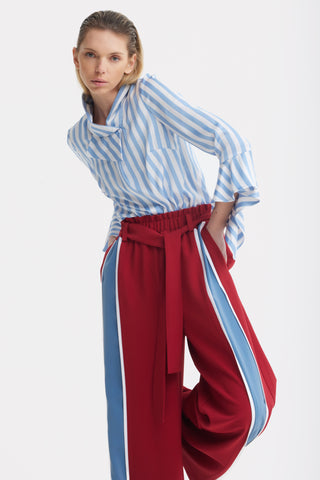 Asymmetric Collar Satin Striped Blouse - Light Blue