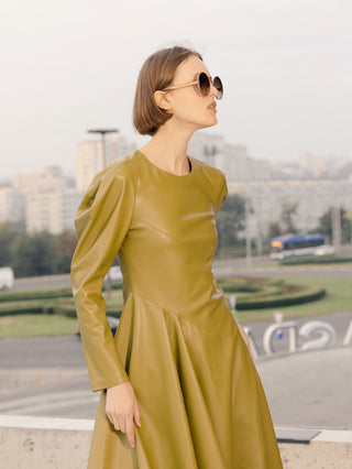 Olive Faux Leather Asymmetric Midi Dress