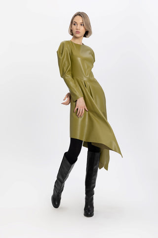 Olive Faux Leather Asymmetric Midi Dress