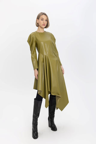 Olive Faux Leather Asymmetric Midi Dress