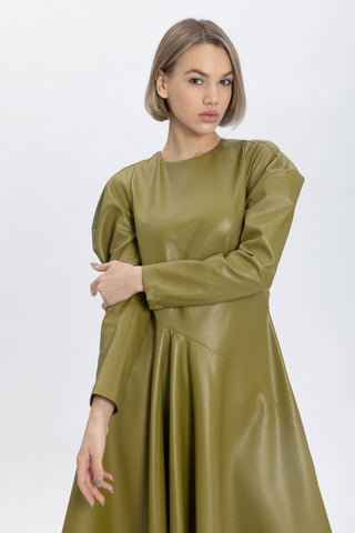 Olive Faux Leather Asymmetric Midi Dress