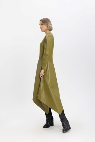 Olive Faux Leather Asymmetric Midi Dress