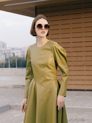Olive Faux Leather Asymmetric Midi Dress