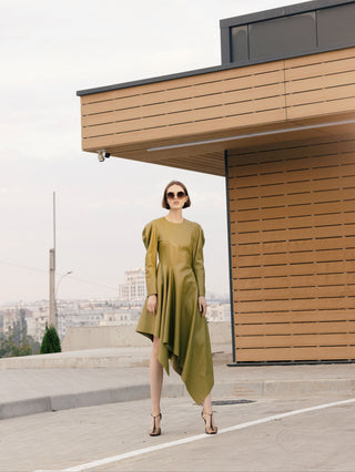 Olive Faux Leather Asymmetric Midi Dress