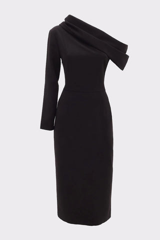 One Shoulder Cowl-Neck Midi Dress Black
