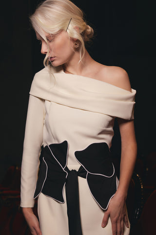 One Shoulder Cowl-Neck Midi Dress - Light Vanilla