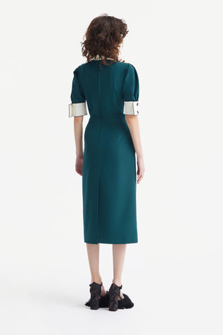 Formal Fitted Dress With White Collar - Office To Evening Style Green