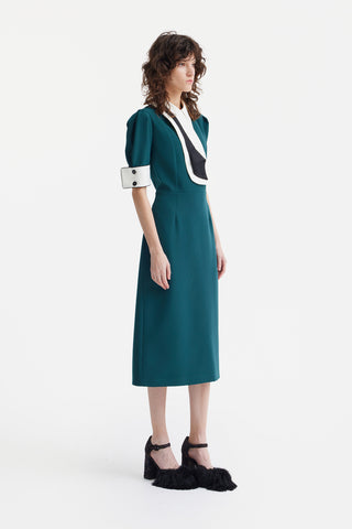 Formal Fitted Dress With White Collar - Office To Evening Style Green