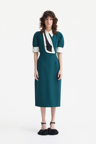 Formal Fitted Dress With White Collar - Office To Evening Style Green