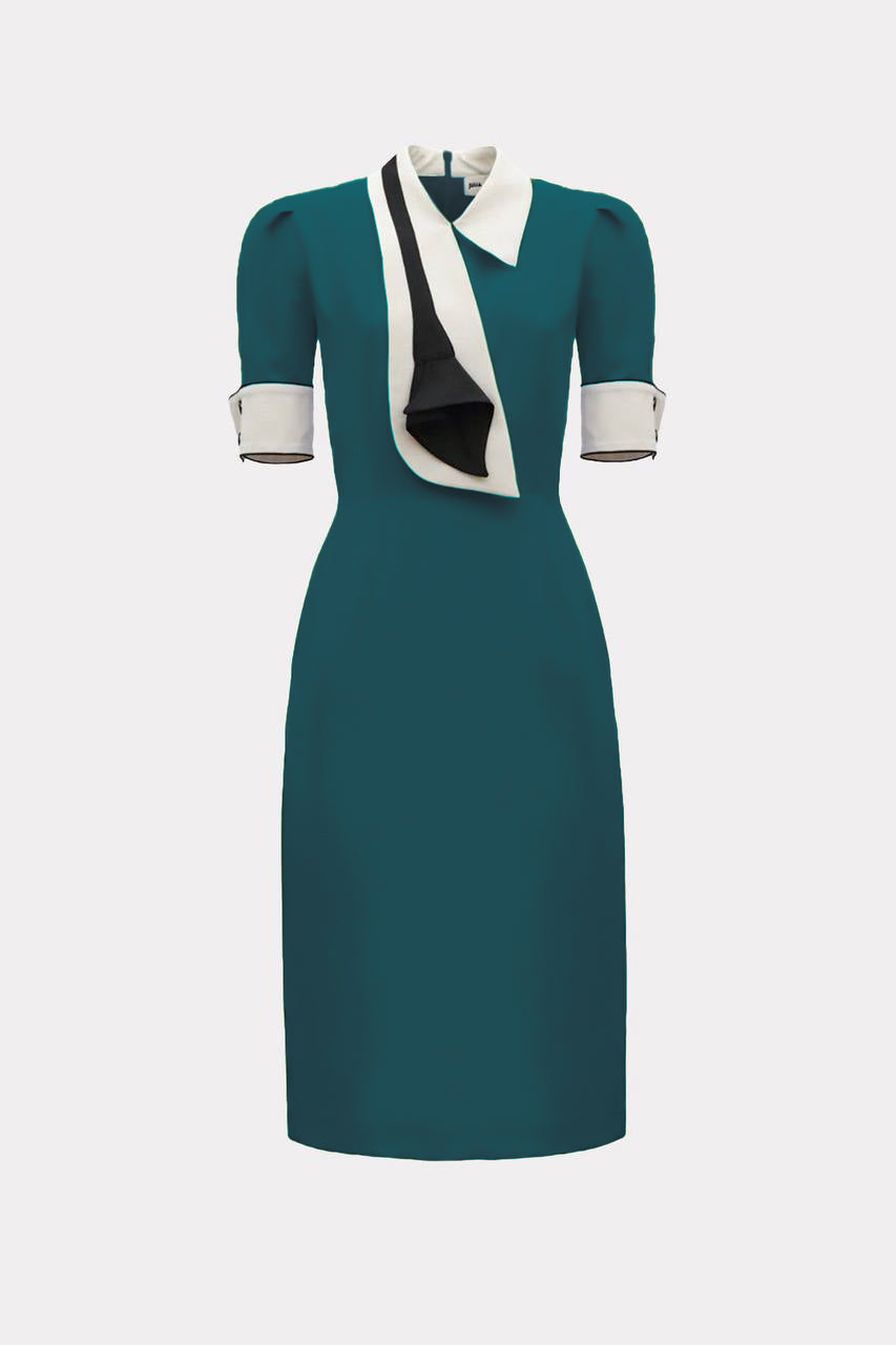 Formal Fitted Dress With White Collar - Office To Evening Style Green XS Formal Fitted Dress With White Collar - Office To Evening Style Green XS
