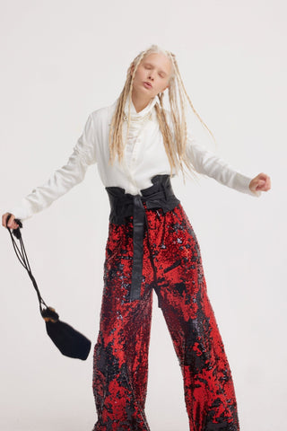 Palazzo Trousers With Double-Sided Sequins Black Red - Julia Allert