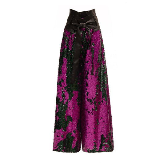 Palazzo Trousers With Double-Sided Sequins Green Pink