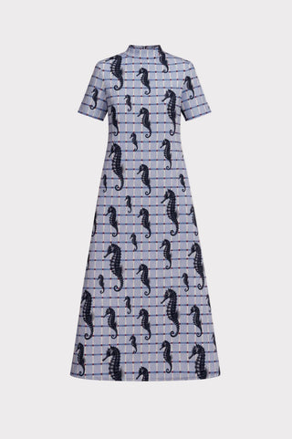 Pale Blue Seahorse Grid Print Fluid A-Line Dress – Capsule Edition - Julia Allert