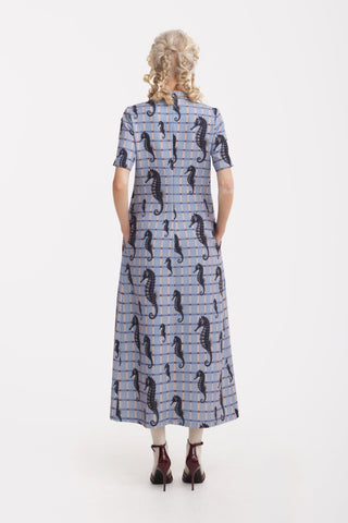 Pale Blue Seahorse Grid Print Fluid A-Line Dress – Capsule Edition - Julia Allert