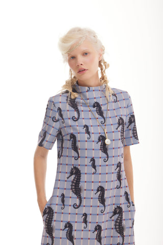 Pale Blue Seahorse Grid Print Fluid A-Line Dress – Capsule Edition - Julia Allert