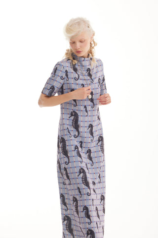 Pale Blue Seahorse Grid Print Fluid A-Line Dress – Capsule Edition - Julia Allert