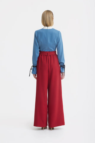 Belted High Waist Wide Leg Pants – Burgundy