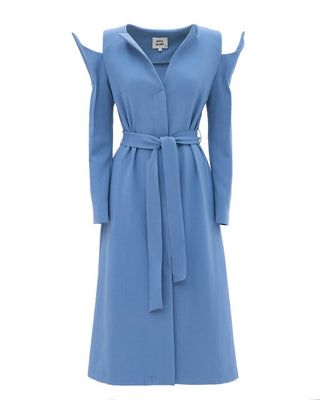 Set - Long Button-Up Dress With Corset Belt Blue