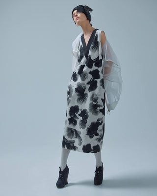 Exclusive Fish Print Sleeveless Crepe Dress White