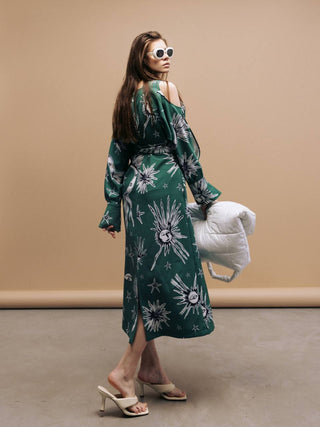 Green Off-Shoulder Midi Dress With Celestial Print