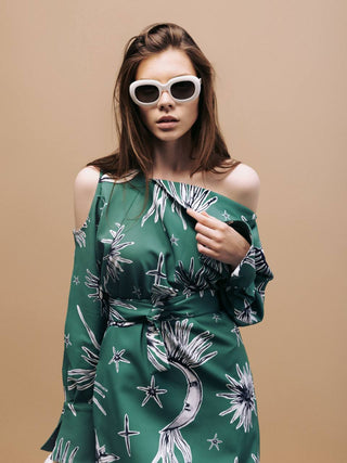 Green Off-Shoulder Midi Dress With Celestial Print