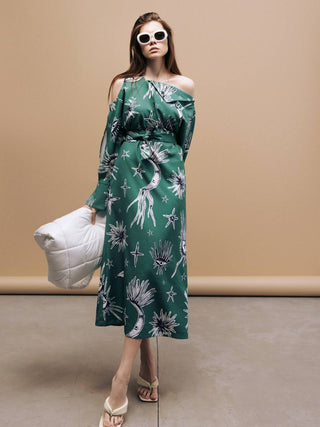 Green Off-Shoulder Midi Dress With Celestial Print