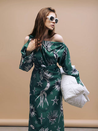 Green Off-Shoulder Midi Dress With Celestial Print