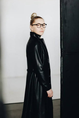 Long Button-Up Eco-Leather Trench Black