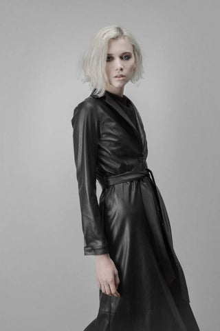 Long Button-Up Eco-Leather Trench Black