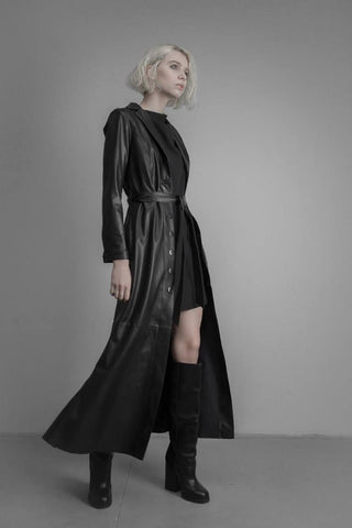 Long Button-Up Eco-Leather Trench Black