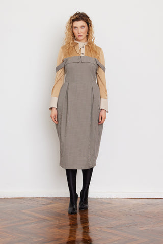 Pinafore Dress With Wide Straps And Blouse Insert Beige