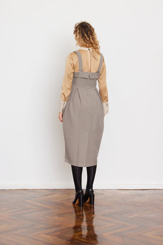 Pinafore Dress With Wide Straps And Blouse Insert Beige