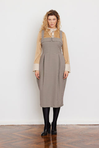 Pinafore Dress With Wide Straps And Blouse Insert Beige