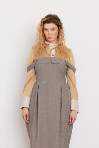 Pinafore Dress With Wide Straps And Blouse Insert Beige