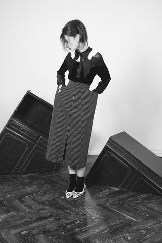Pinstripe Midi Skirt With Front Slit Black - Julia Allert