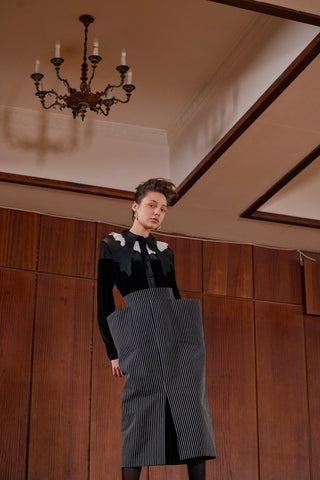 Pinstripe Midi Skirt With Front Slit Black - Julia Allert